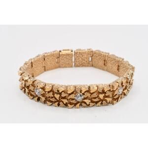 Vintage Gold Plated Nugget Bracelet CZ Stones Hidden Clasp 8 Inch Wide Link